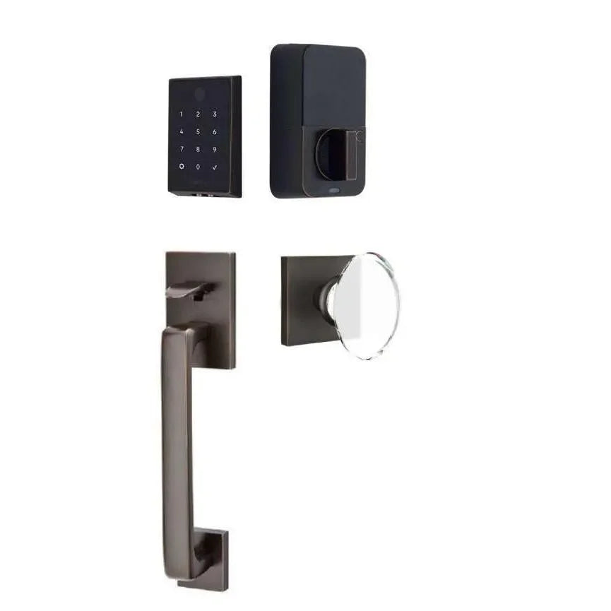 Emtek EMPowered 2 Touch Entry Set with Baden Grip and Hampton Glass Knob Oil Rubbed Bronze