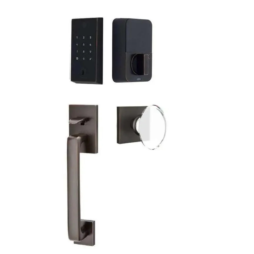 Emtek EMPowered 2 Touch Entry Set with Baden Grip and Hampton Glass Knob Oil Rubbed Bronze