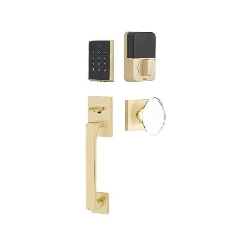 Emtek EMPowered 2 Touch Entry Set with Baden Grip and Hampton Glass Knob Satin Brass