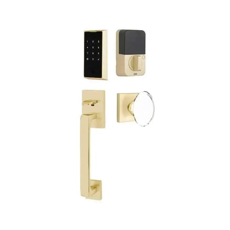 Emtek EMPowered 2 Touch Entry Set with Baden Grip and Hampton Glass Knob Satin Brass
