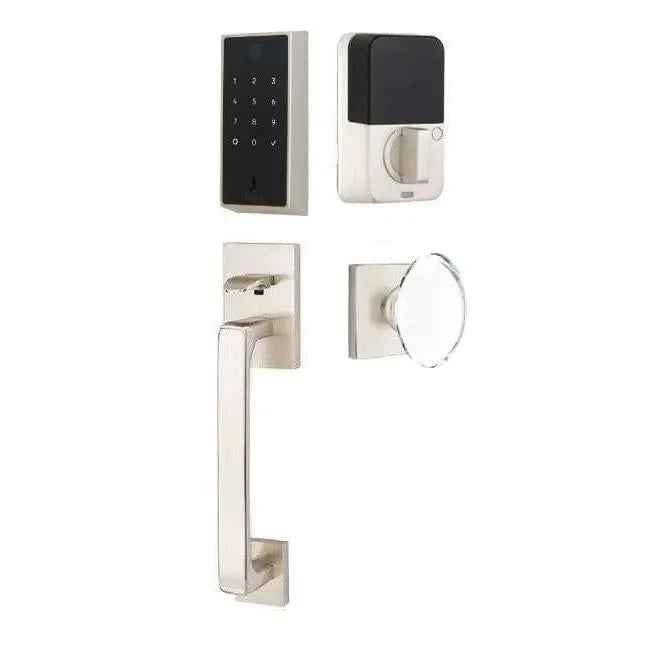Emtek EMPowered 2 Touch Entry Set with Baden Grip and Hampton Glass Knob Satin Nickel