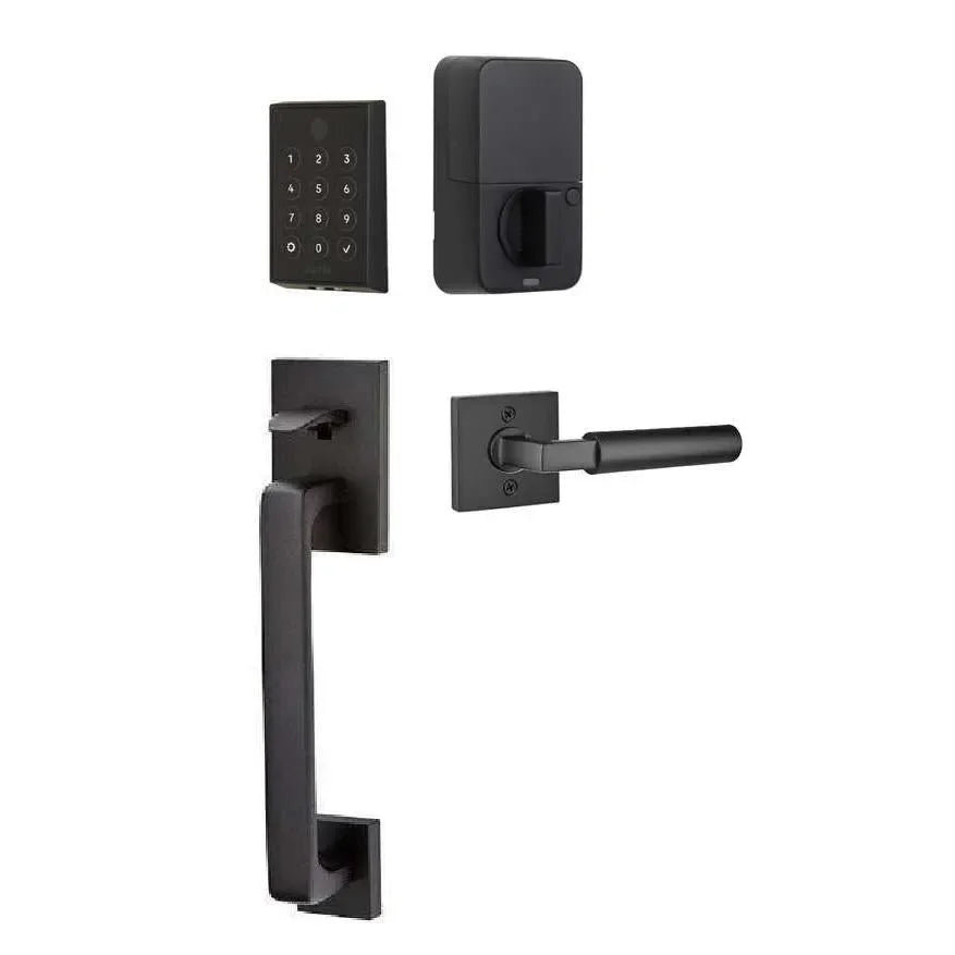 The Emtek EMPowered 2 Touch Entry Set with Baden Grip and Interior Hercules Lever in Flat Black finish.