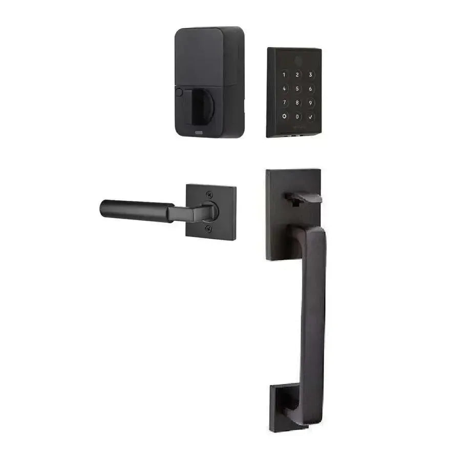 Emtek EMPowered 2 Touch Entry Set with Baden Grip and Hercules Lever in Flat Black finish