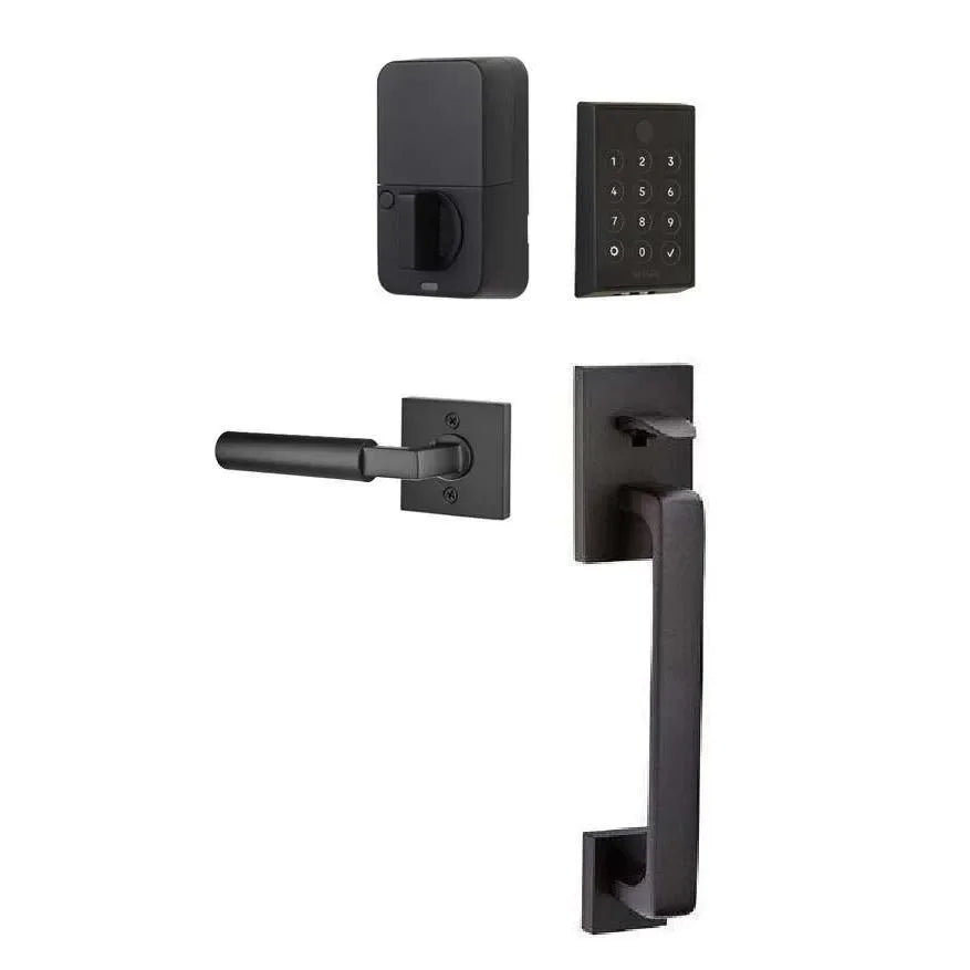 The Emtek EMPowered 2 Touch Entry Set with Baden Grip and Interior Hercules Lever in Flat Black finish.