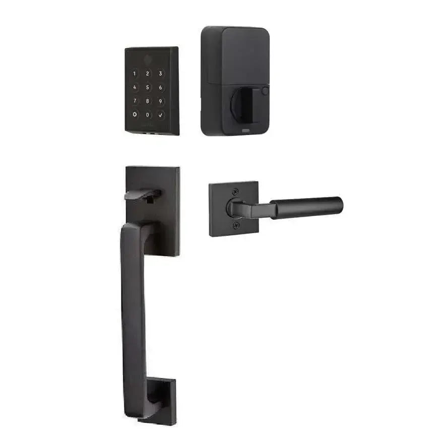 Emtek EMPowered 2 Touch Entry Set with Baden Grip and Hercules Lever in Flat Black finish
