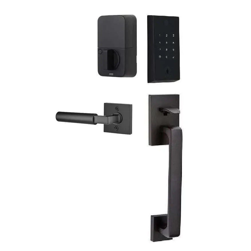 The Emtek EMPowered 2 Touch Entry Set with Baden Grip and Interior Hercules Lever in Flat Black finish.
