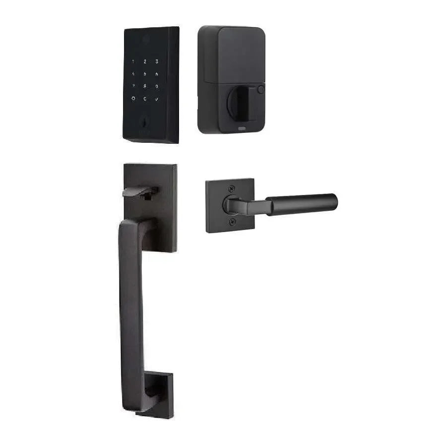 The Emtek EMPowered 2 Touch Entry Set with Baden Grip and Interior Hercules Lever in Flat Black finish.