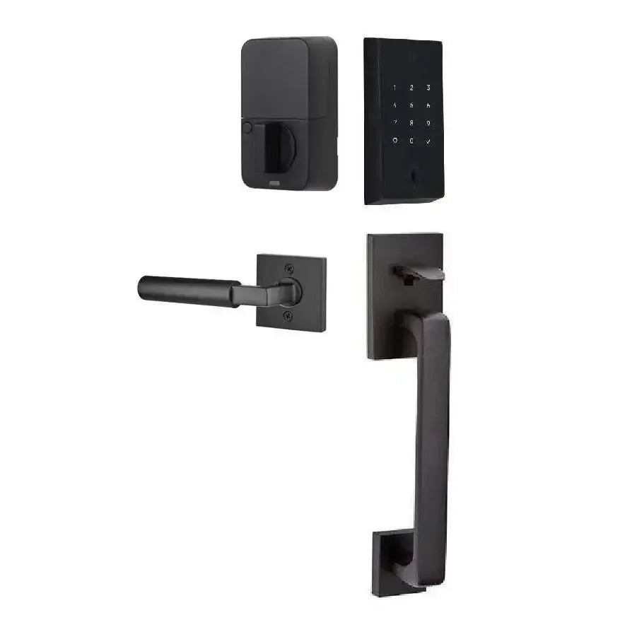 Emtek EMPowered 2 Touch Entry Set with Baden Grip and Hercules Lever in Flat Black finish