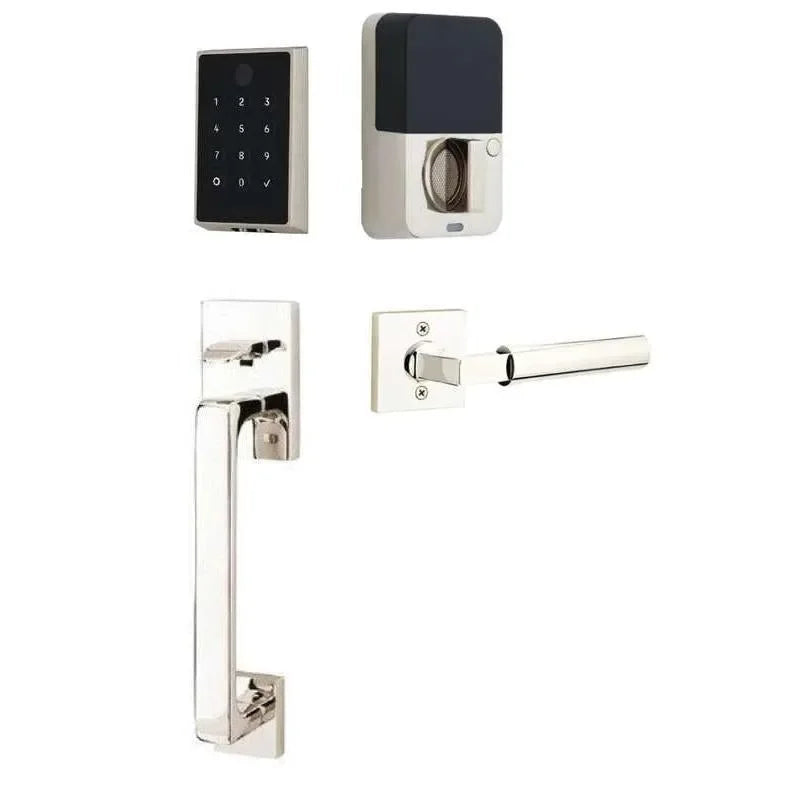 The Emtek EMPowered 2 Touch Entry Set with Baden Grip and Interior Hercules Lever in Lifetime Polished Nickel finish.