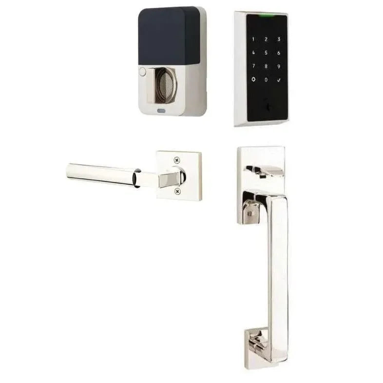 The Emtek EMPowered 2 Touch Entry Set with Baden Grip and Interior Hercules Lever in Lifetime Polished Nickel finish.