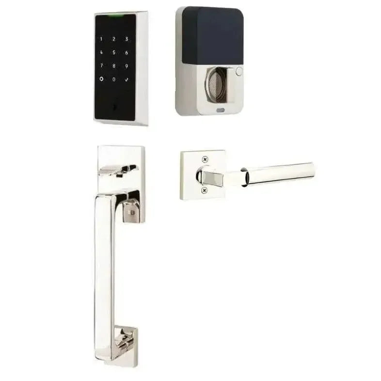 Emtek EMPowered 2 Touch Entry Set with Baden Grip and Hercules Lever in Lifetime Polished Nickel finish