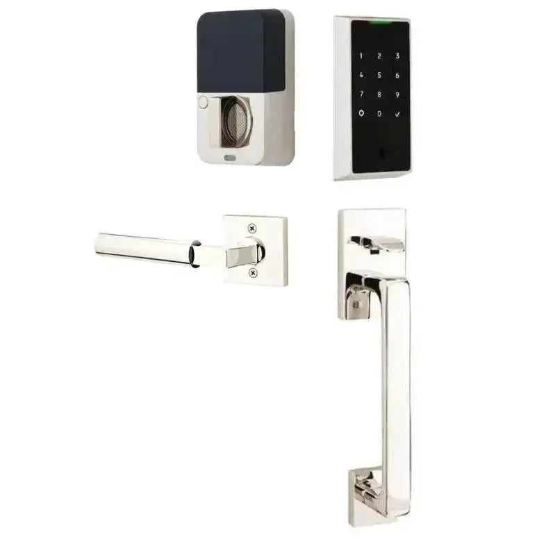 Emtek EMPowered 2 Touch Entry Set with Baden Grip and Hercules Lever in Lifetime Polished Nickel finish