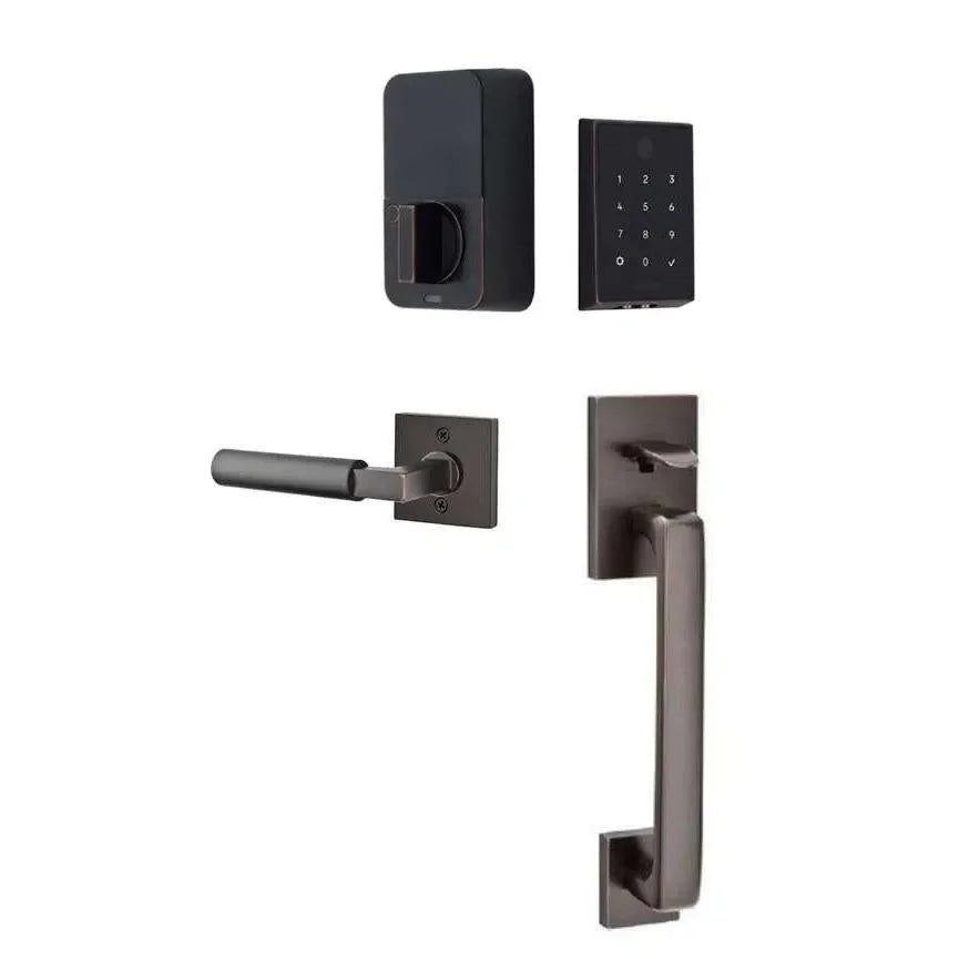 The Emtek EMPowered 2 Touch Entry Set with Baden Grip and Interior Hercules Lever in Oil Rubbed Bronze finish.