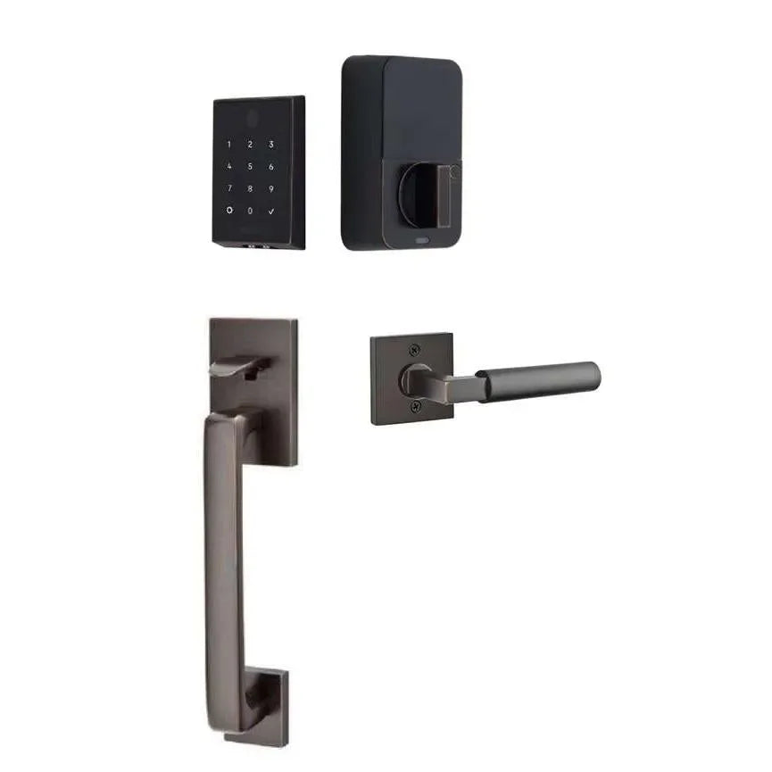 The Emtek EMPowered 2 Touch Entry Set with Baden Grip and Interior Hercules Lever in Oil Rubbed Bronze finish.
