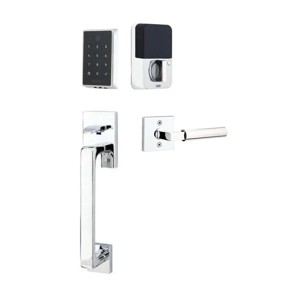 The Emtek EMPowered 2 Touch Entry Set with Baden Grip and Interior Hercules Lever in Polished Chrome finish.