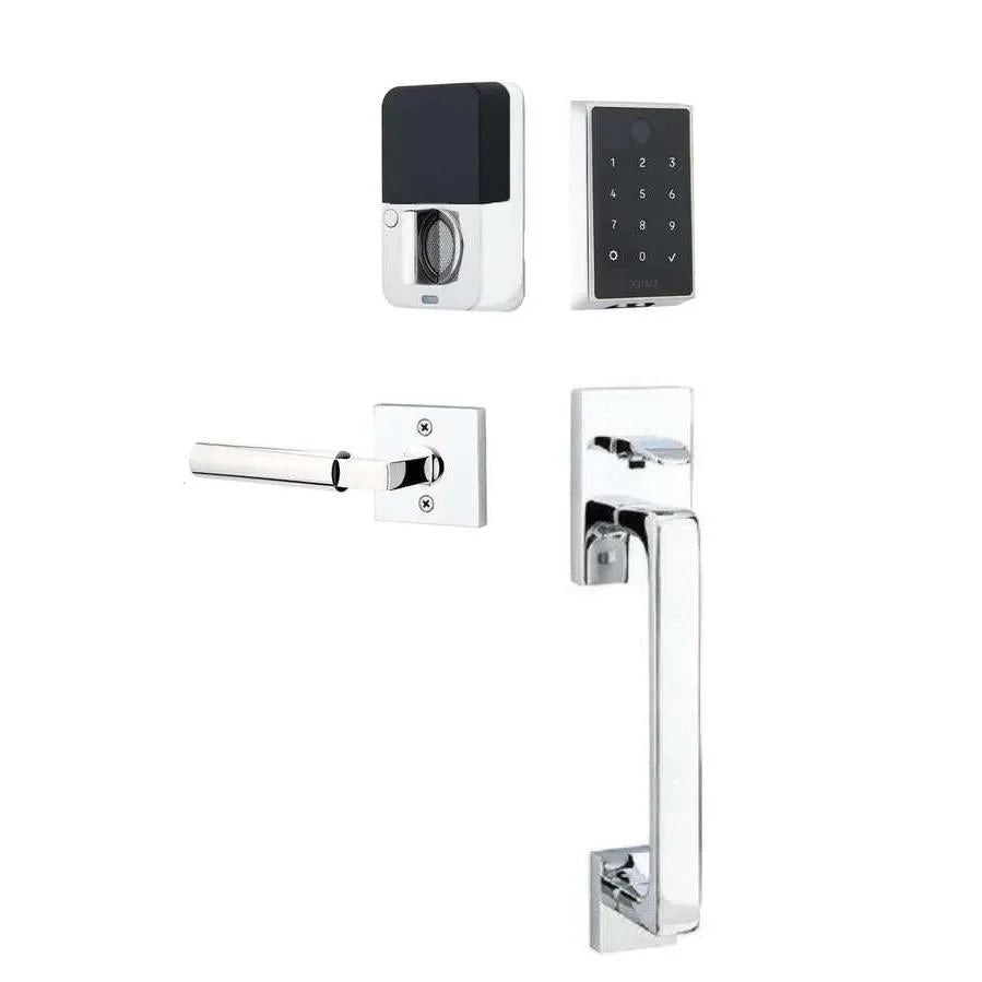 The Emtek EMPowered 2 Touch Entry Set with Baden Grip and Interior Hercules Lever in Polished Chrome finish.