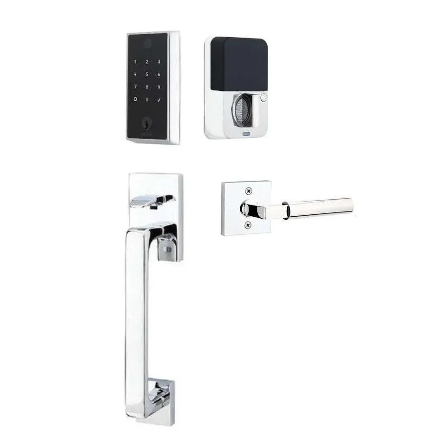 The Emtek EMPowered 2 Touch Entry Set with Baden Grip and Interior Hercules Lever in Polished Chrome finish.
