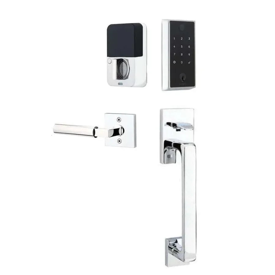 The Emtek EMPowered 2 Touch Entry Set with Baden Grip and Interior Hercules Lever in Polished Chrome finish.