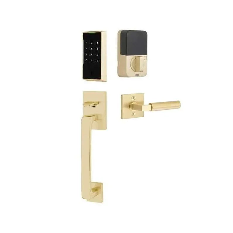 The Emtek EMPowered 2 Touch Entry Set with Baden Grip and Interior Hercules Lever in Satin Brass finish.