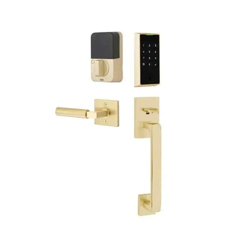 The Emtek EMPowered 2 Touch Entry Set with Baden Grip and Interior Hercules Lever in Satin Brass finish.