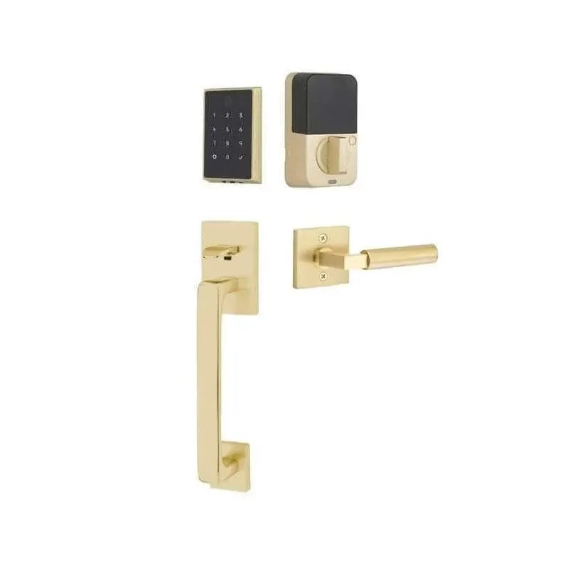 The Emtek EMPowered 2 Touch Entry Set with Baden Grip and Interior Hercules Lever in Satin Brass finish.