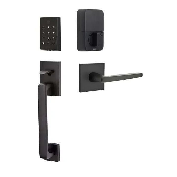 Emtek EMPowered 2 Touch Entry Set with Baden Grip and Hermes Lever Flat Black