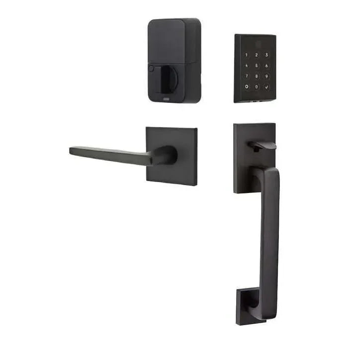 Emtek EMPowered 2 Touch Entry Set with Baden Grip and Hermes Lever Flat Black