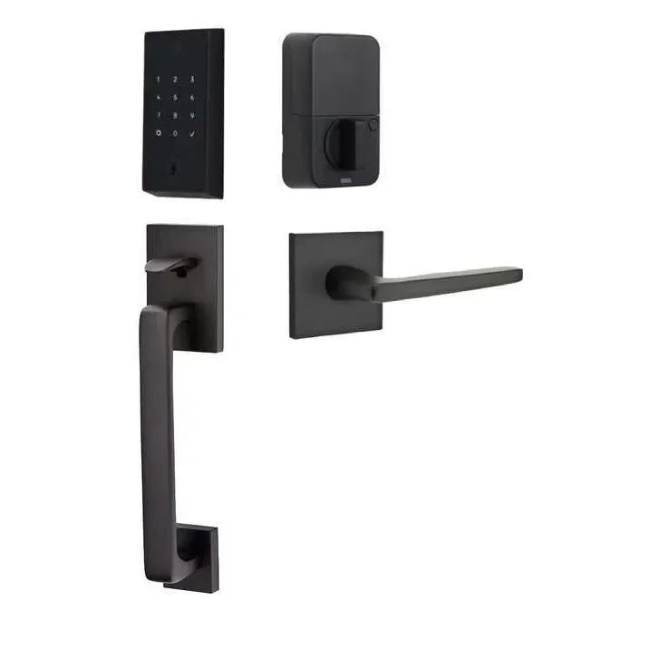 Emtek EMPowered 2 Touch Entry Set with Baden Grip and Hermes Lever Flat Black