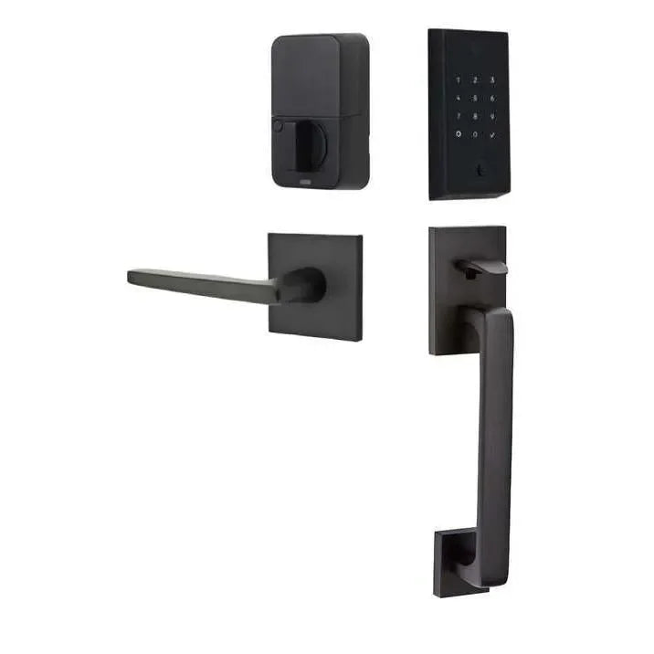 Emtek EMPowered 2 Touch Entry Set with Baden Grip and Hermes Lever Flat Black
