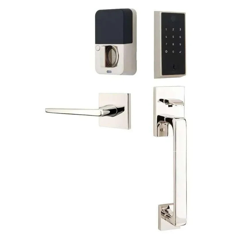 Emtek EMPowered 2 Touch Entry Set with Baden Grip and Hermes Lever Lifetime Polished Nickel