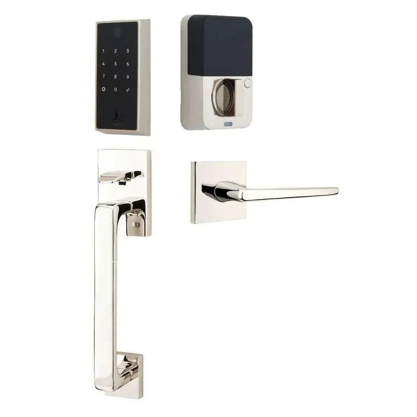 Emtek EMPowered 2 Touch Entry Set with Baden Grip and Hermes Lever Lifetime Polished Nickel