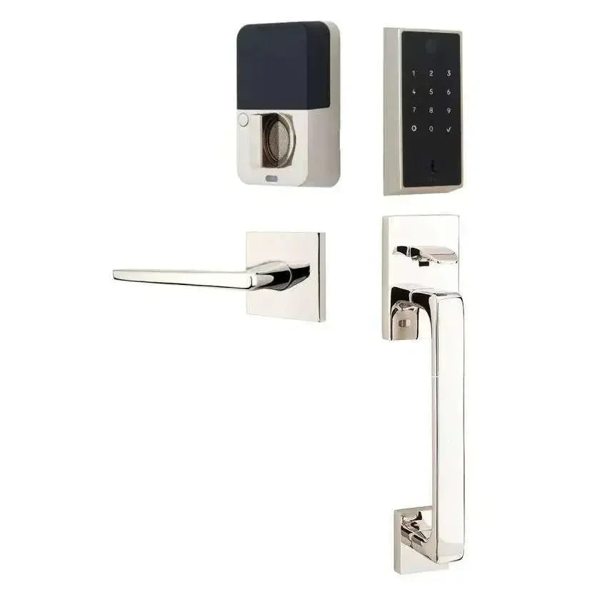 Emtek EMPowered 2 Touch Entry Set with Baden Grip and Hermes Lever in Lifetime Polished Nickel finish