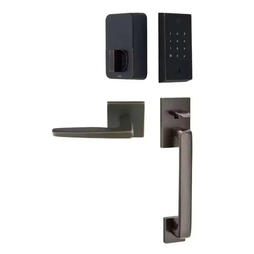 Emtek EMPowered 2 Touch Entry Set with Baden Grip and Hermes Lever in Oil Rubbed Bronze finish