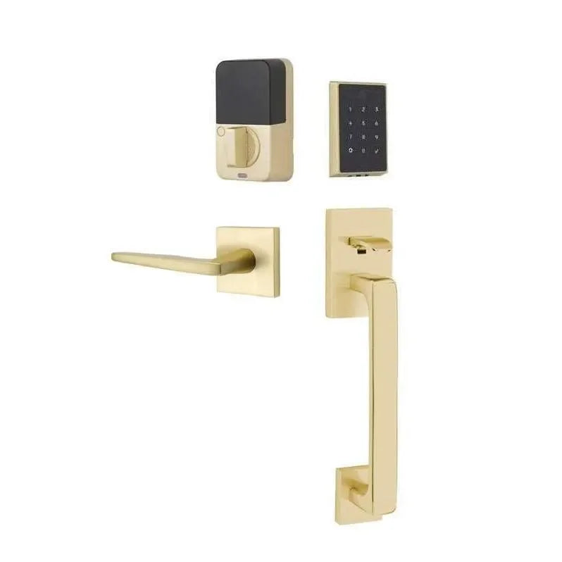 Emtek EMPowered 2 Touch Entry Set with Baden Grip and Hermes Lever Satin Brass