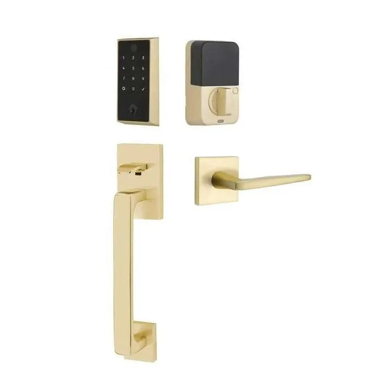 Emtek EMPowered 2 Touch Entry Set with Baden Grip and Hermes Lever Satin Brass