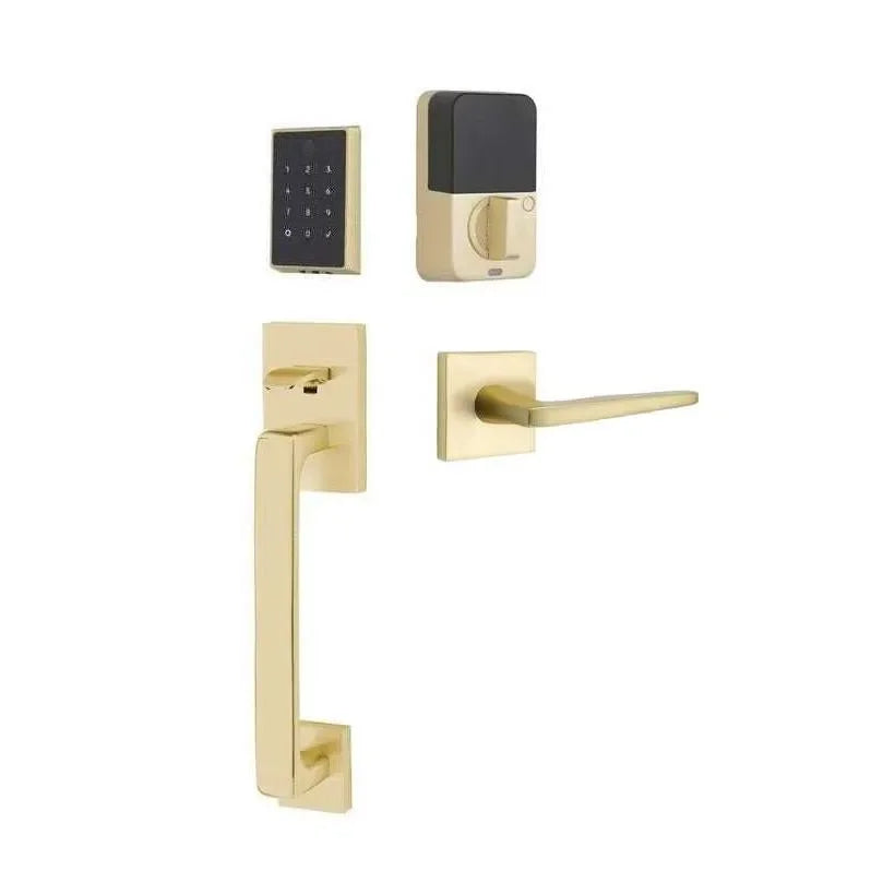 Emtek EMPowered 2 Touch Entry Set with Baden Grip and Hermes Lever Satin Brass