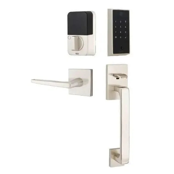 Emtek EMPowered 2 Touch Entry Set with Baden Grip and Hermes Lever Satin Nickel