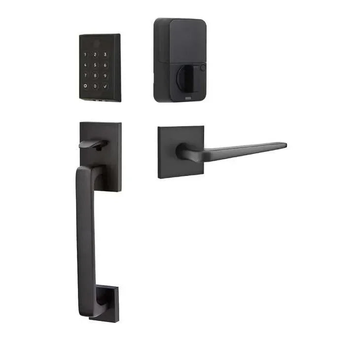 Emtek EMPowered 2 Touch Entry Set with Baden Grip and Interior Athena Lever Flat Black