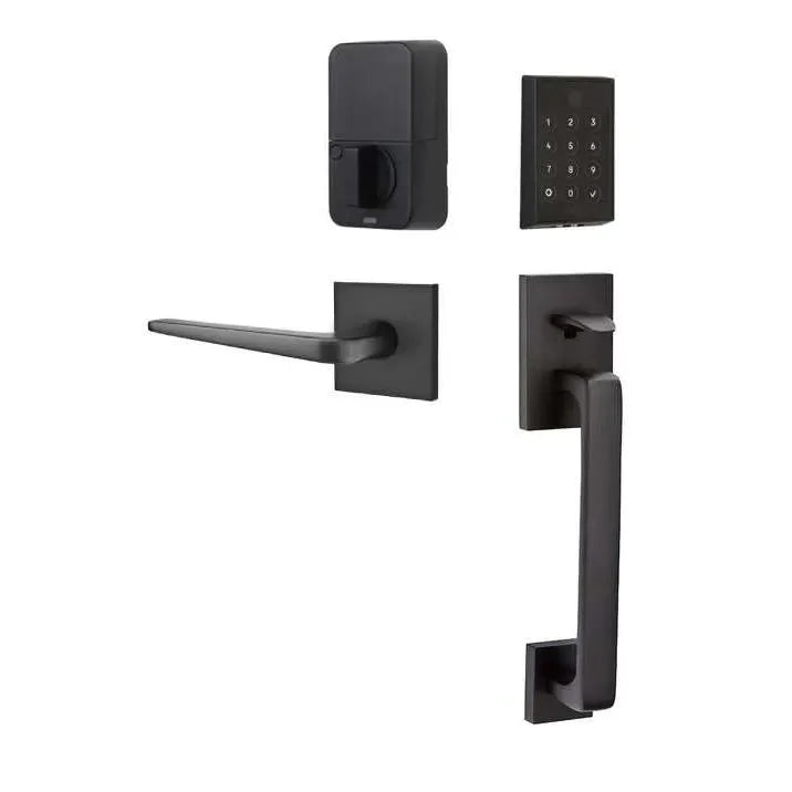 Emtek EMPowered 2 Touch Entry Set with Baden Grip and Interior Athena Lever Flat Black