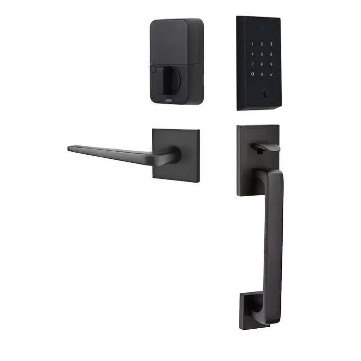 Emtek EMPowered 2 Touch Entry Set with Baden Grip and Interior Athena Lever Flat Black