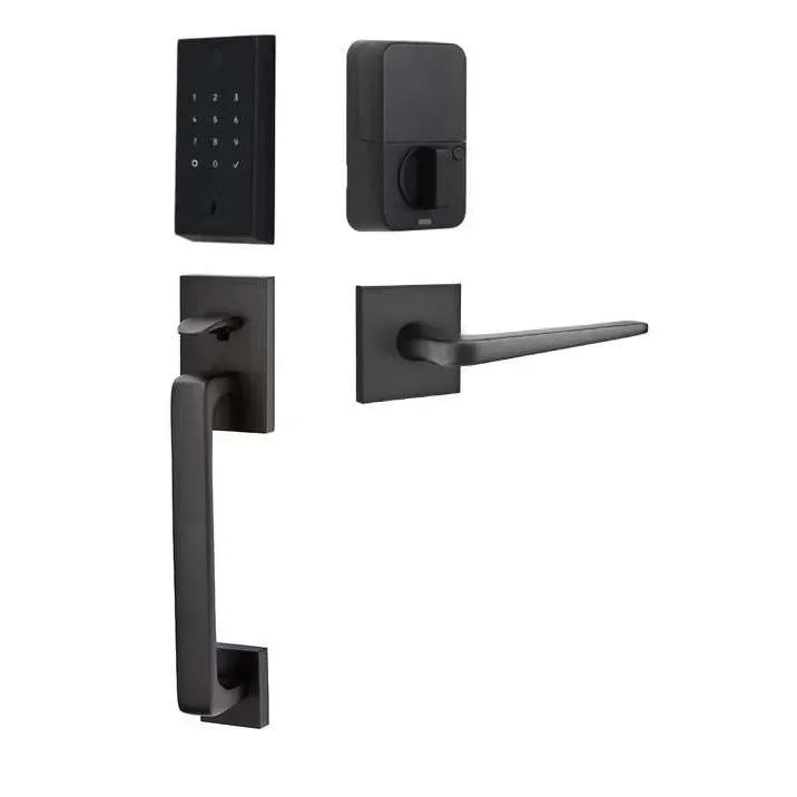 Emtek EMPowered 2 Touch Entry Set with Baden Grip and Interior Athena Lever Flat Black