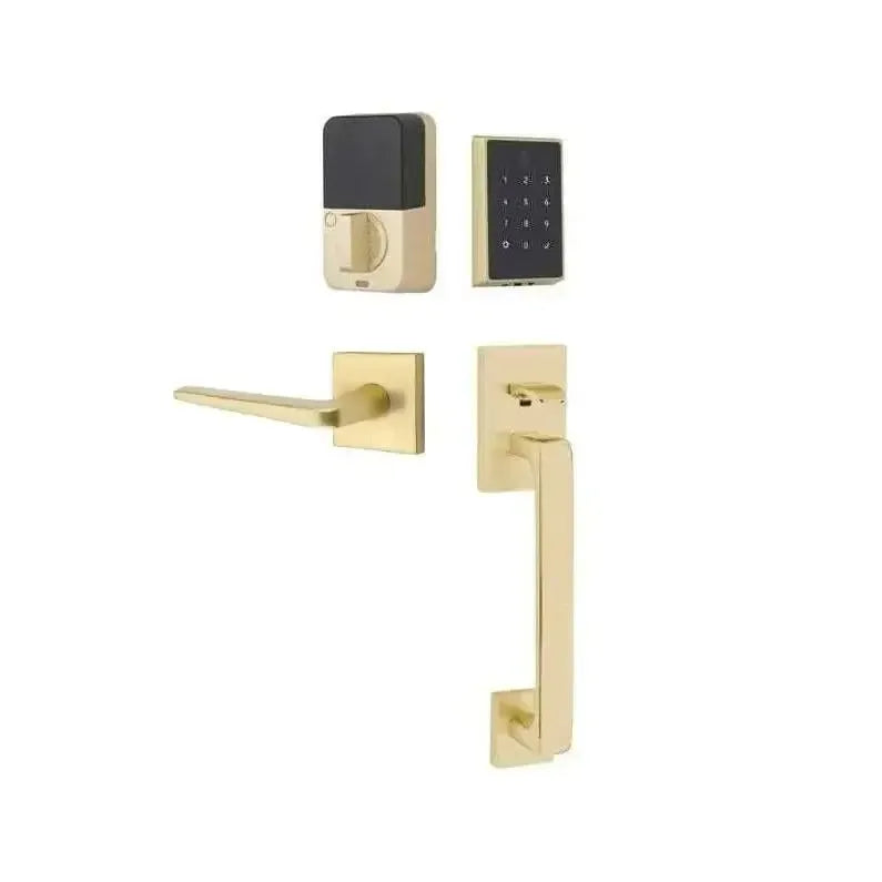 Emtek EMPowered 2 Touch Entry Set with Baden Grip and Interior Athena Lever in Satin Brass finish