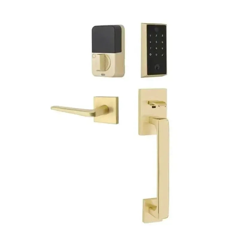 Emtek EMPowered 2 Touch Entry Set with Baden Grip and Interior Athena Lever in Satin Brass finish