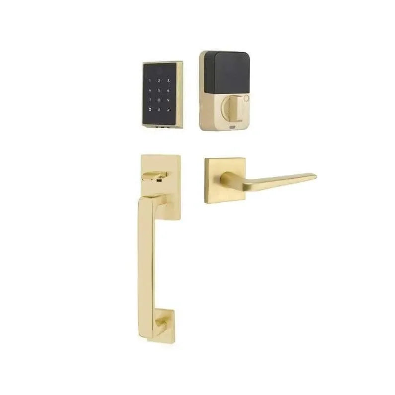 Emtek EMPowered 2 Touch Entry Set with Baden Grip and Interior Athena Lever Satin Brass