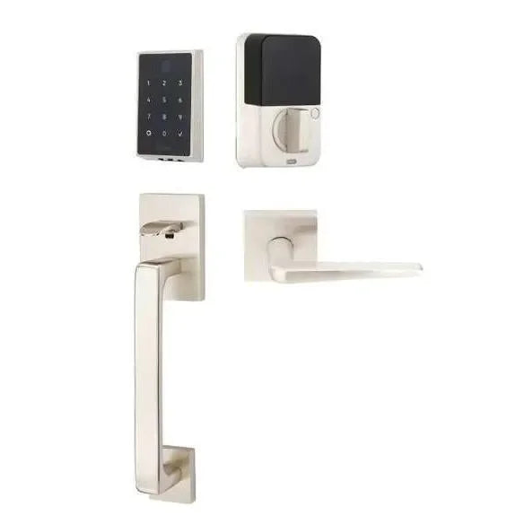 Emtek EMPowered 2 Touch Entry Set with Baden Grip and Interior Athena Lever Satin Nickel