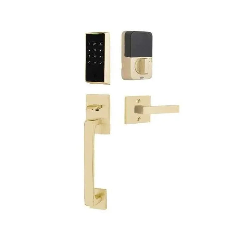 Emtek EMPowered 2 Touch Entry Set with Baden Grip and Interior Dumont Lever Satin Brass