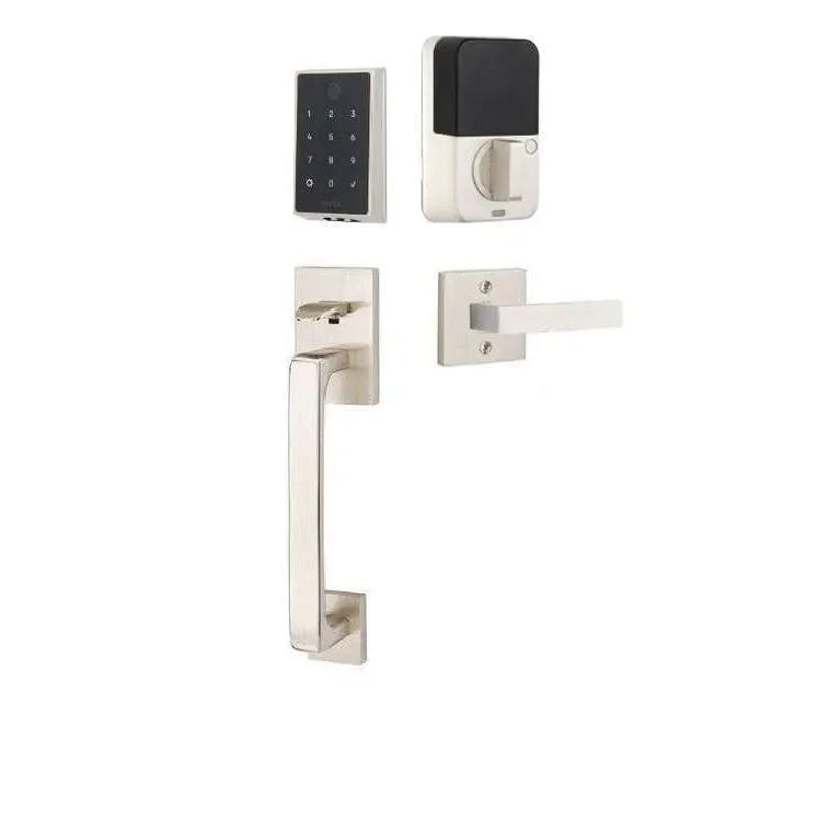 Emtek EMPowered 2 Touch Entry Set with Baden Grip and Interior Dumont Lever Satin Nickel