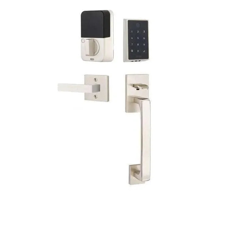Emtek EMPowered 2 Touch Entry Set with Baden Grip and Interior Dumont Lever Satin Nickel