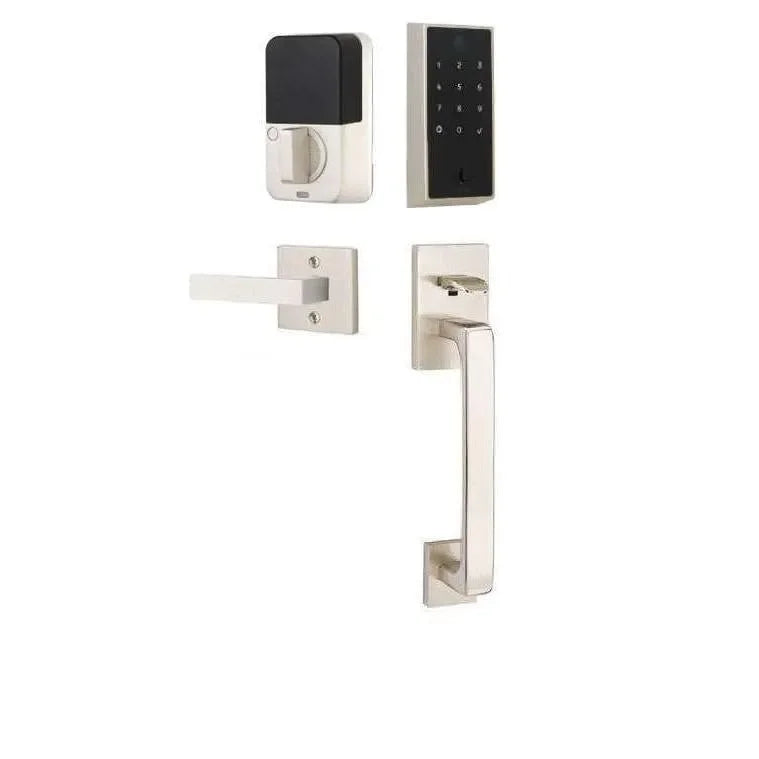 Emtek EMPowered 2 Touch Entry Set with Baden Grip and Interior Dumont Lever Satin Nickel
