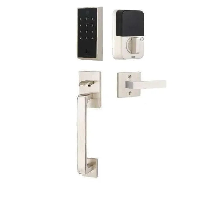 Emtek EMPowered 2 Touch Entry Set with Baden Grip and Interior Dumont Lever Satin Nickel